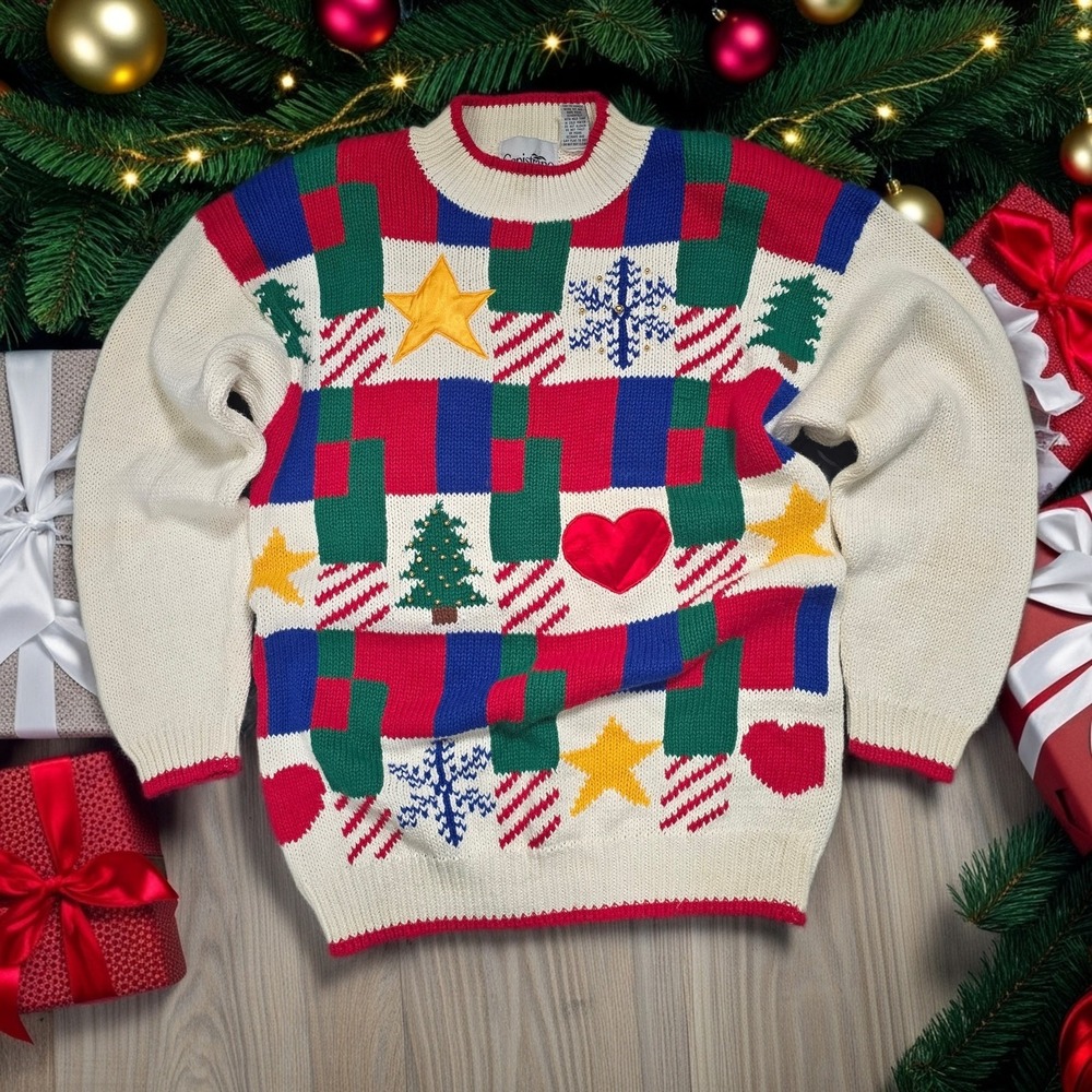 Capistrano Vintage Christmas Sweater Womens 14 Patchwork Tree Star Heart‎ Knit